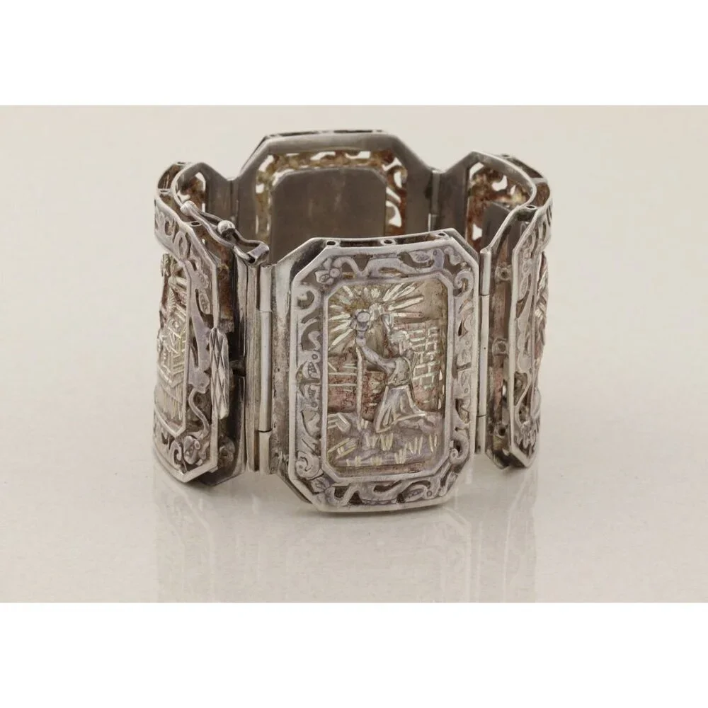 Sterling Silver Aztec Mayan Bracelet 6 3/4" inch - Picture 4 of 9